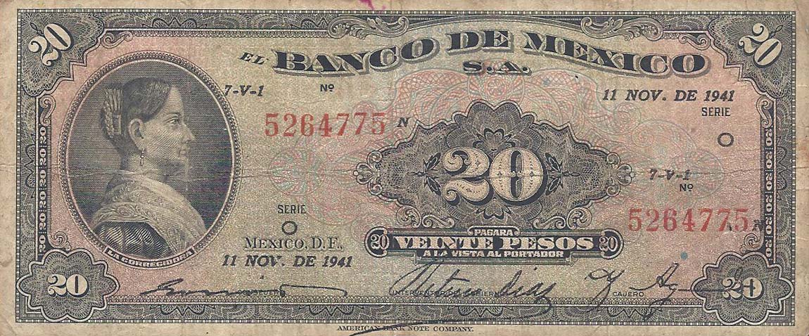 Front of Mexico p40b: 20 Pesos from 1941