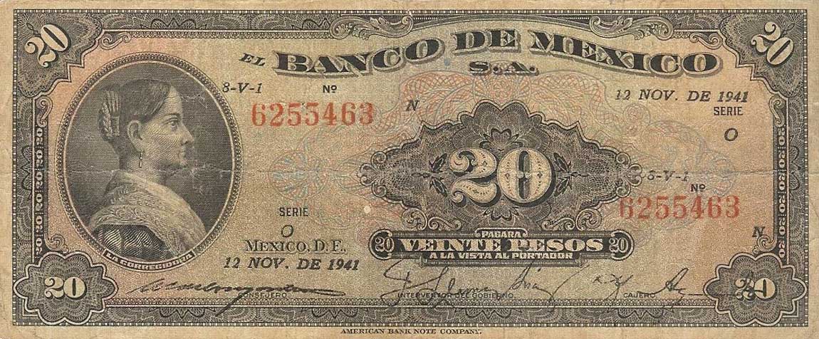 Front of Mexico p40d: 20 Pesos from 1941
