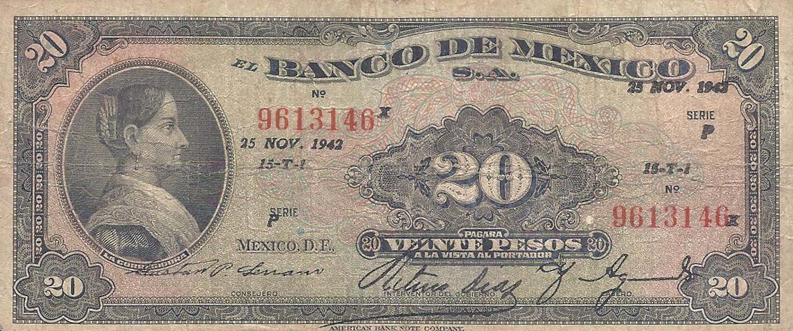 Front of Mexico p40e: 20 Pesos from 1942