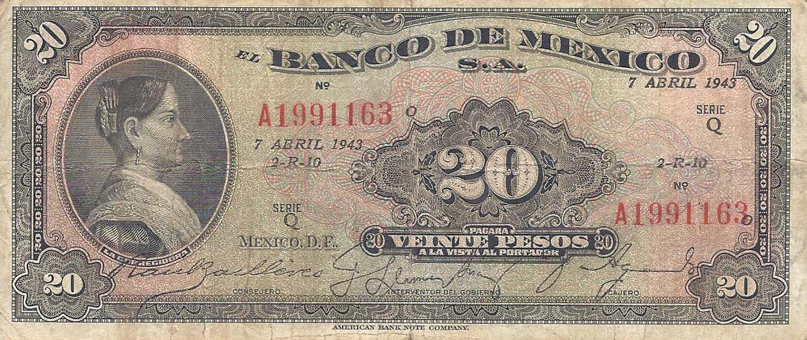 Front of Mexico p40f: 20 Pesos from 1943