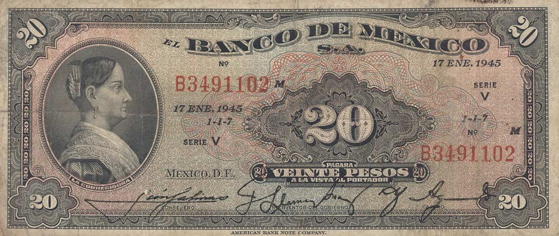 Front of Mexico p40h: 20 Pesos from 1945