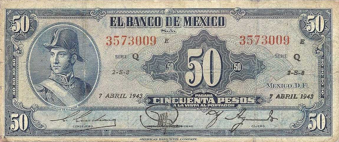 Front of Mexico p41b: 50 Pesos from 1943