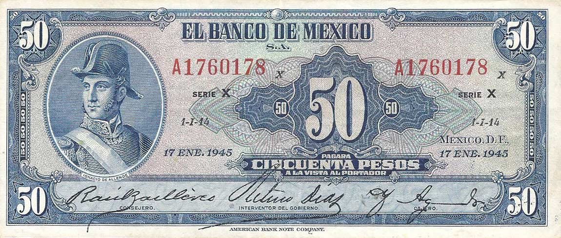Front of Mexico p41d: 50 Pesos from 1945