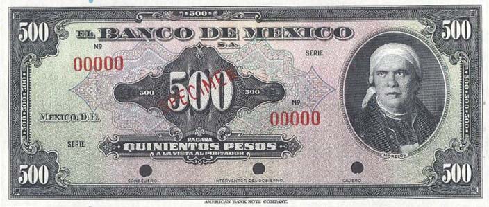 Front of Mexico p43s: 500 Pesos from 1940