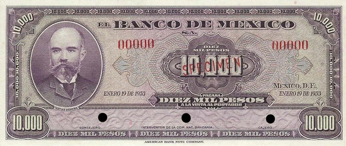 Front of Mexico p45s: 10000 Pesos from 1943