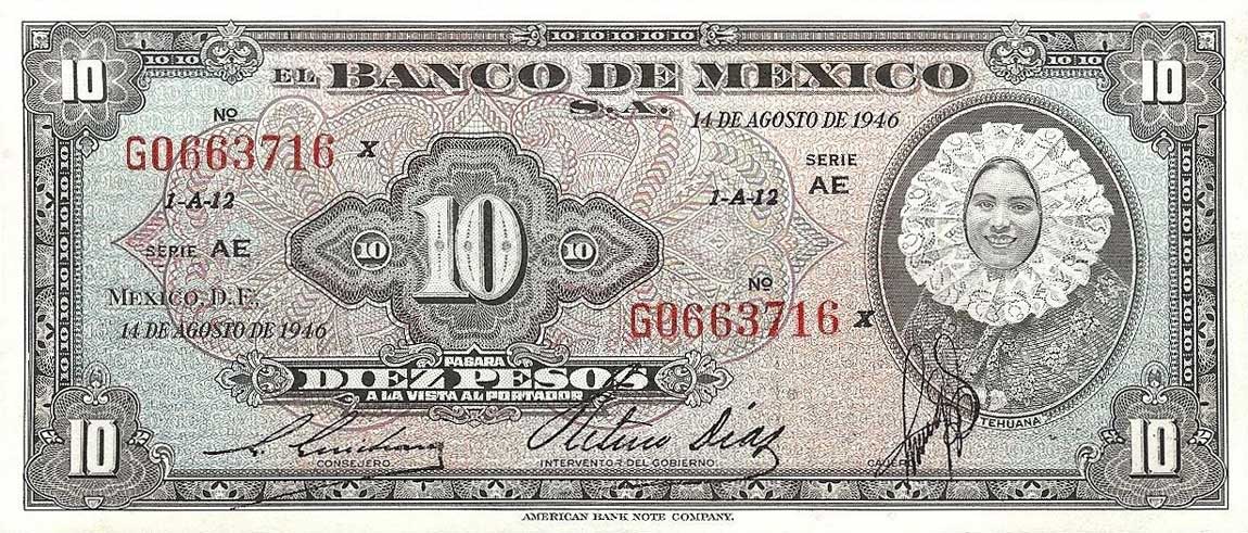Front of Mexico p47a: 10 Pesos from 1946