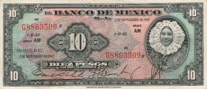 Front of Mexico p47b: 10 Pesos from 1947