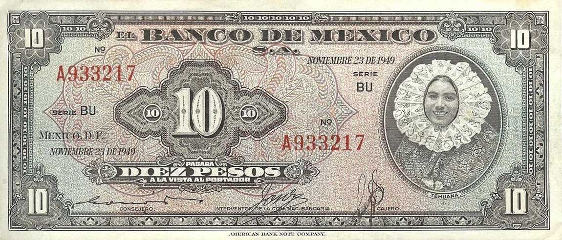 Front of Mexico p47d: 10 Pesos from 1949