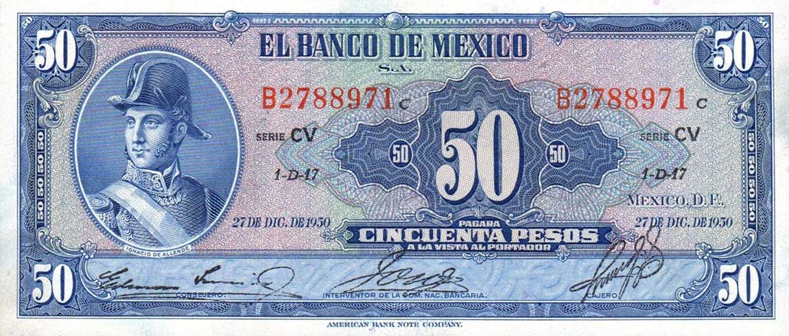Front of Mexico p49d: 50 Pesos from 1950