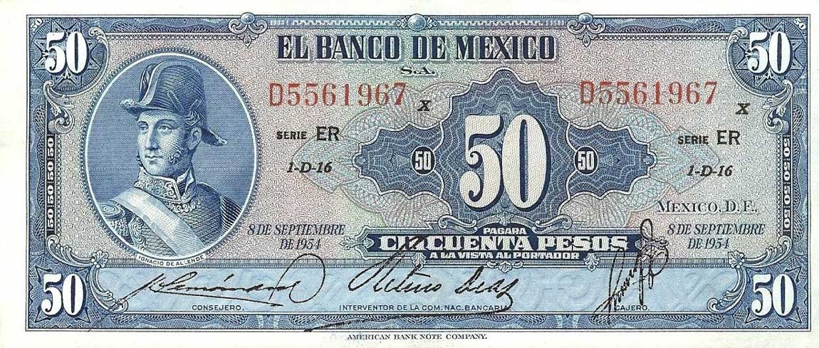 Front of Mexico p49g: 50 Pesos from 1954