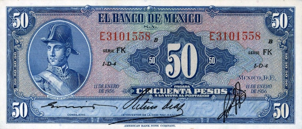 Front of Mexico p49h: 50 Pesos from 1956