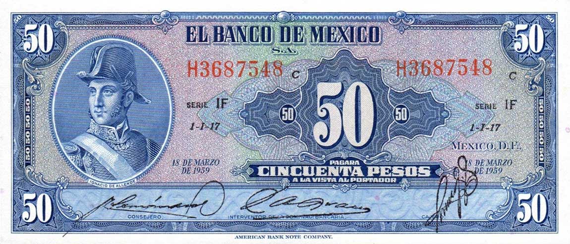 Front of Mexico p49k: 50 Pesos from 1959
