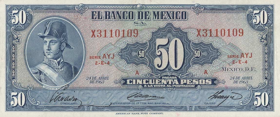 Front of Mexico p49o: 50 Pesos from 1963