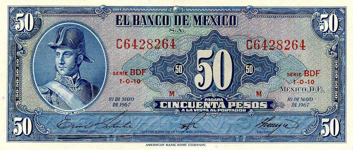 Front of Mexico p49q: 50 Pesos from 1967