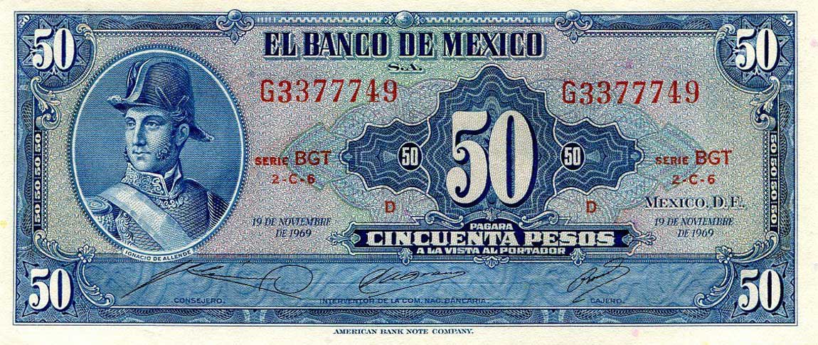 Front of Mexico p49r: 50 Pesos from 1969