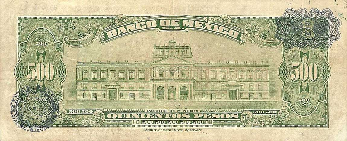 Back of Mexico p51h: 500 Pesos from 1958