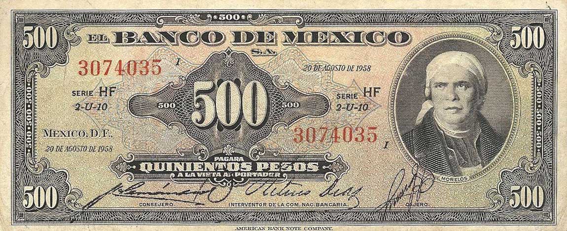 Front of Mexico p51h: 500 Pesos from 1958