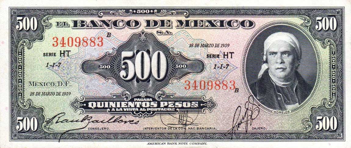 Front of Mexico p51i: 500 Pesos from 1959