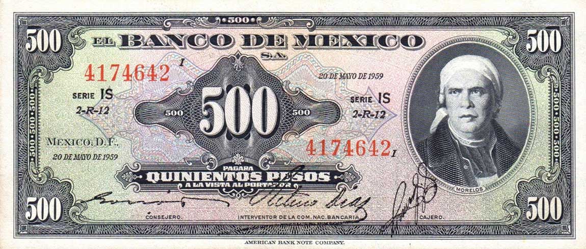 Front of Mexico p51j: 500 Pesos from 1959