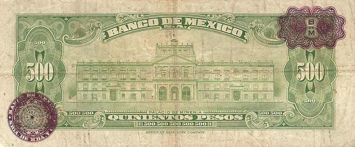 Back of Mexico p51k: 500 Pesos from 1961