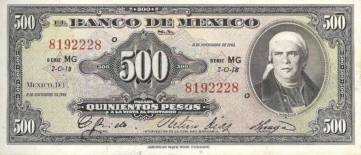 Front of Mexico p51l: 500 Pesos from 1961