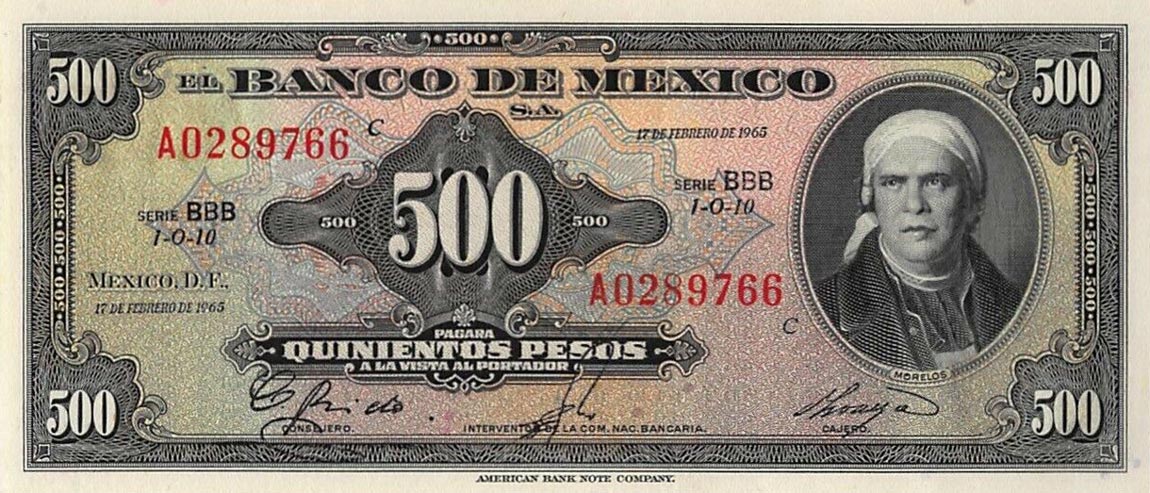 Front of Mexico p51m: 500 Pesos from 1965