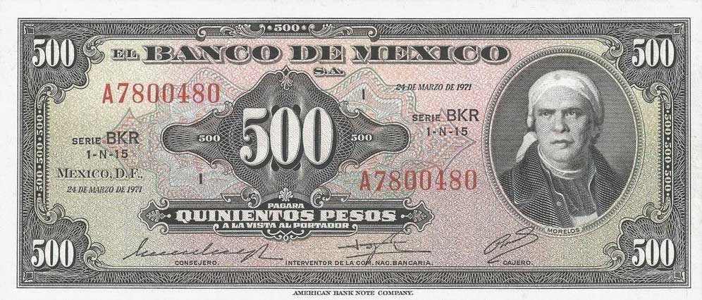 Front of Mexico p51n: 500 Pesos from 1971