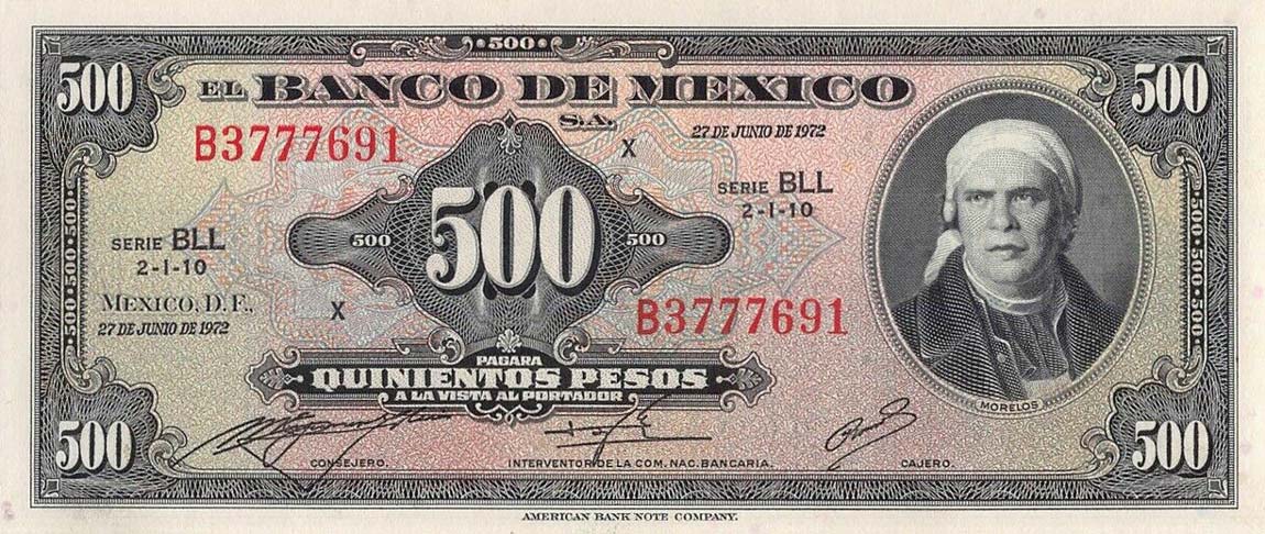 Front of Mexico p51o: 500 Pesos from 1972
