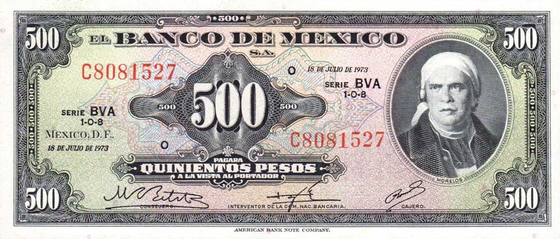 Front of Mexico p51q: 500 Pesos from 1973