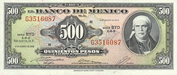 Front of Mexico p51r: 500 Pesos from 1974