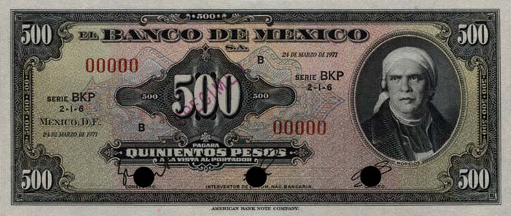 Front of Mexico p51s1: 500 Pesos from 1948
