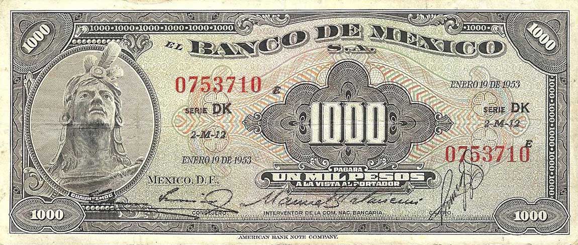 Front of Mexico p52e: 1000 Pesos from 1953