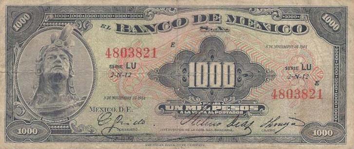 Front of Mexico p52m: 1000 Pesos from 1961