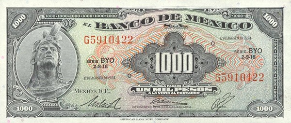 Front of Mexico p52s: 1000 Pesos from 1974
