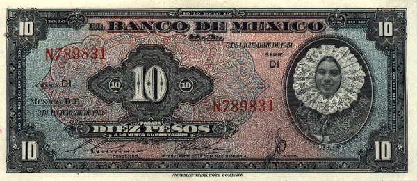 Front of Mexico p53a: 10 Pesos from 1951