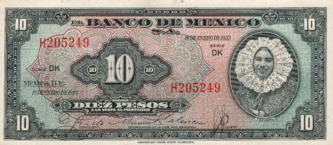 Front of Mexico p53b: 10 Pesos from 1953