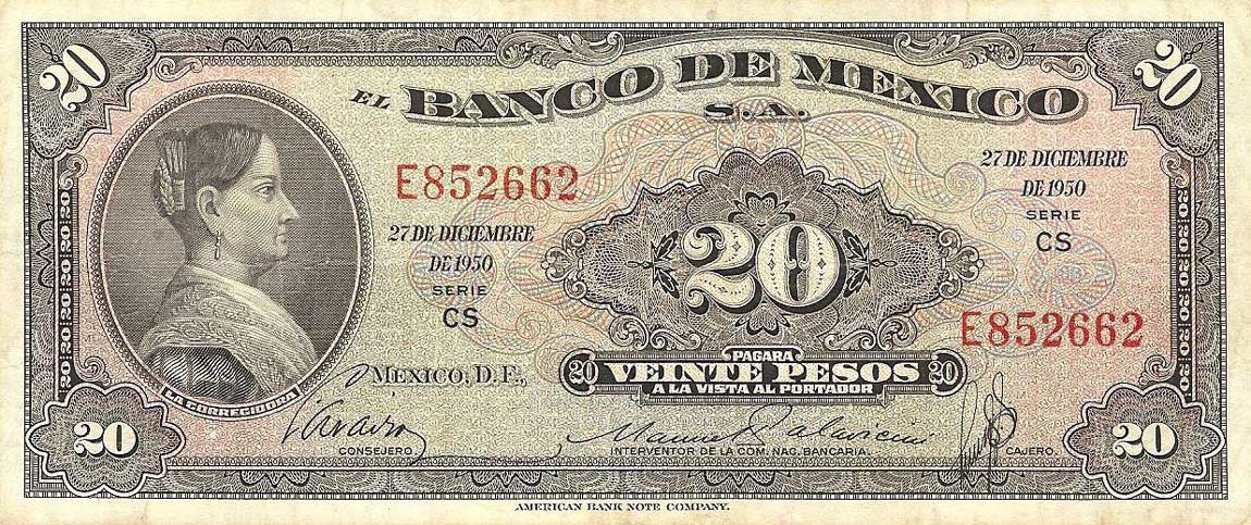 Front of Mexico p54a: 20 Pesos from 1950
