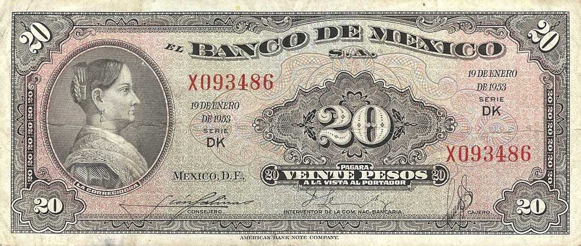 Front of Mexico p54b: 20 Pesos from 1953