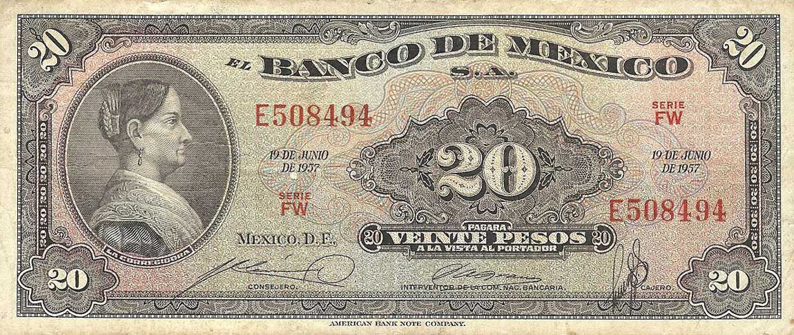 Front of Mexico p54e: 20 Pesos from 1957