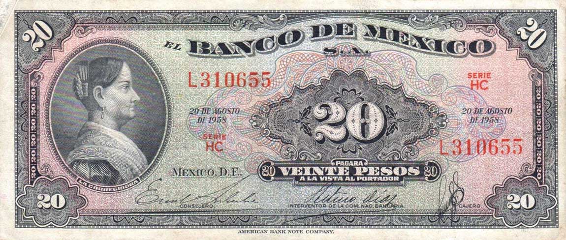 Front of Mexico p54f: 20 Pesos from 1958