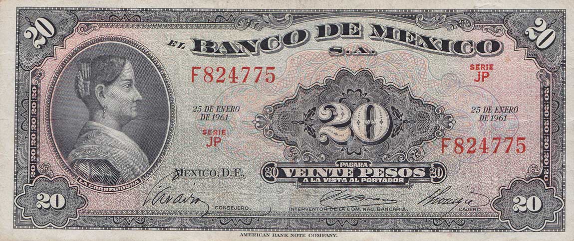 Front of Mexico p54i: 20 Pesos from 1961