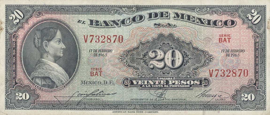 Front of Mexico p54l: 20 Pesos from 1965