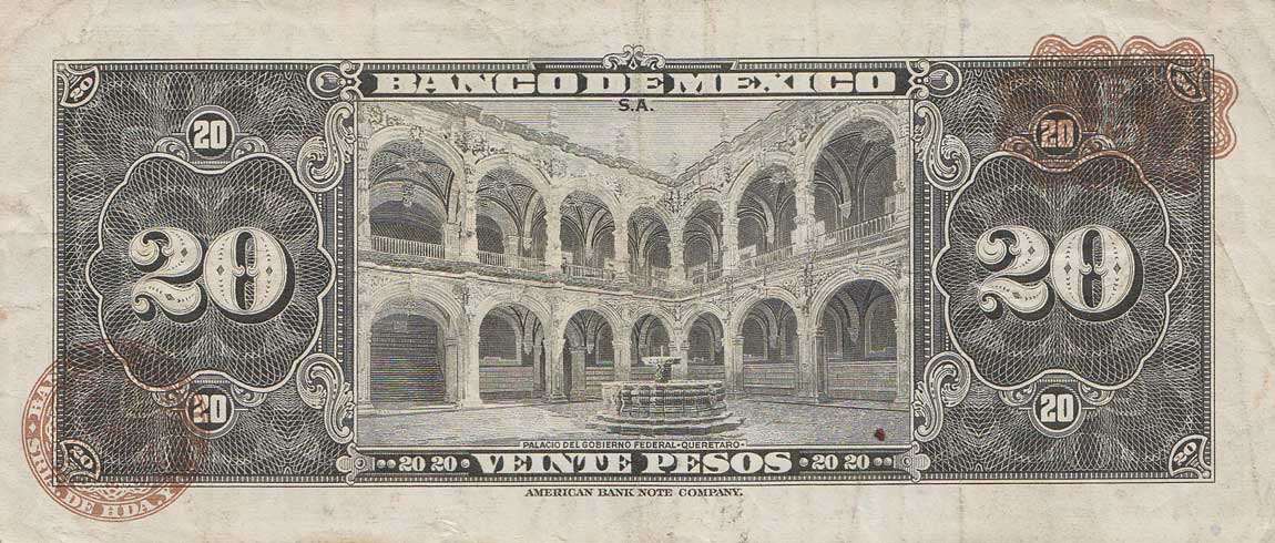 Back of Mexico p54n: 20 Pesos from 1969