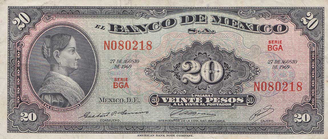 Front of Mexico p54n: 20 Pesos from 1969