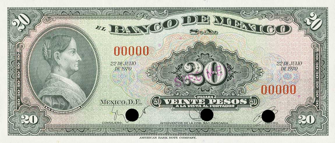 Front of Mexico p54s: 20 Pesos from 1950