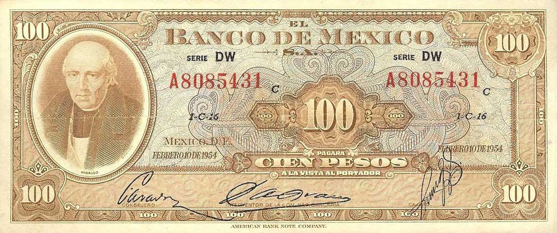 Front of Mexico p55c: 100 Pesos from 1954