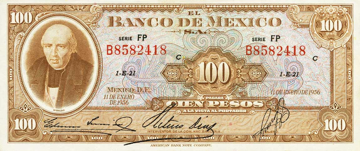Front of Mexico p55e: 100 Pesos from 1956