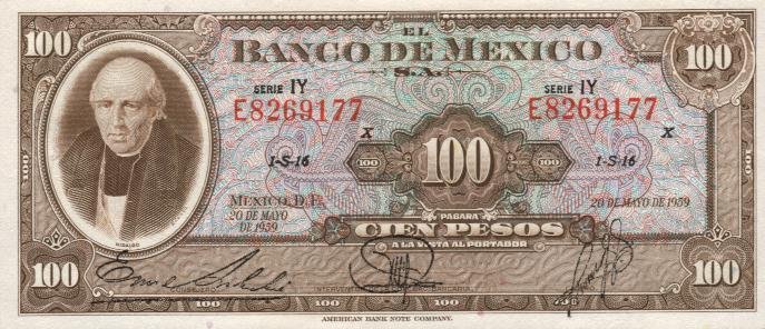 Front of Mexico p55i: 100 Pesos from 1959