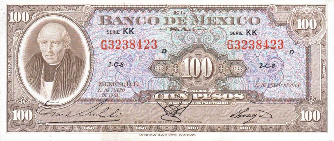 Front of Mexico p55j: 100 Pesos from 1961