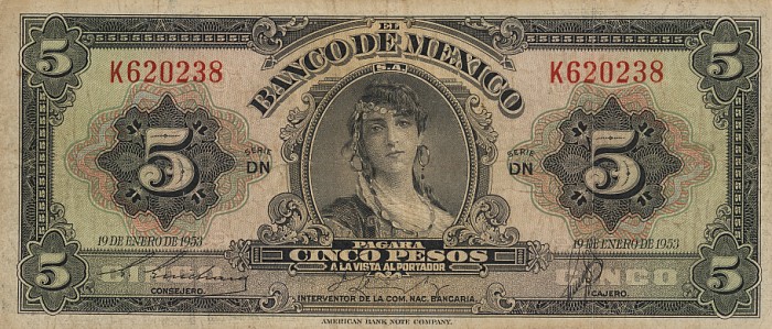 Front of Mexico p57a: 5 Pesos from 1953